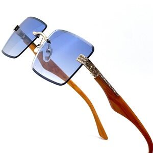 Rimless Sunglasses Wood Grain Frame Rhinestone Accents Blue Lens Men Hip Hop New